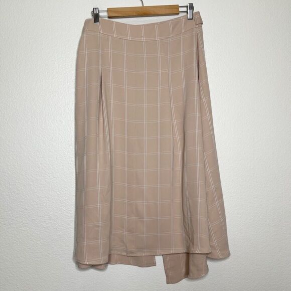 Farrow Midi Skirt Medium Neutral Plaid Window Pane Tie-Up Modest Slit Career - Picture 9 of 10